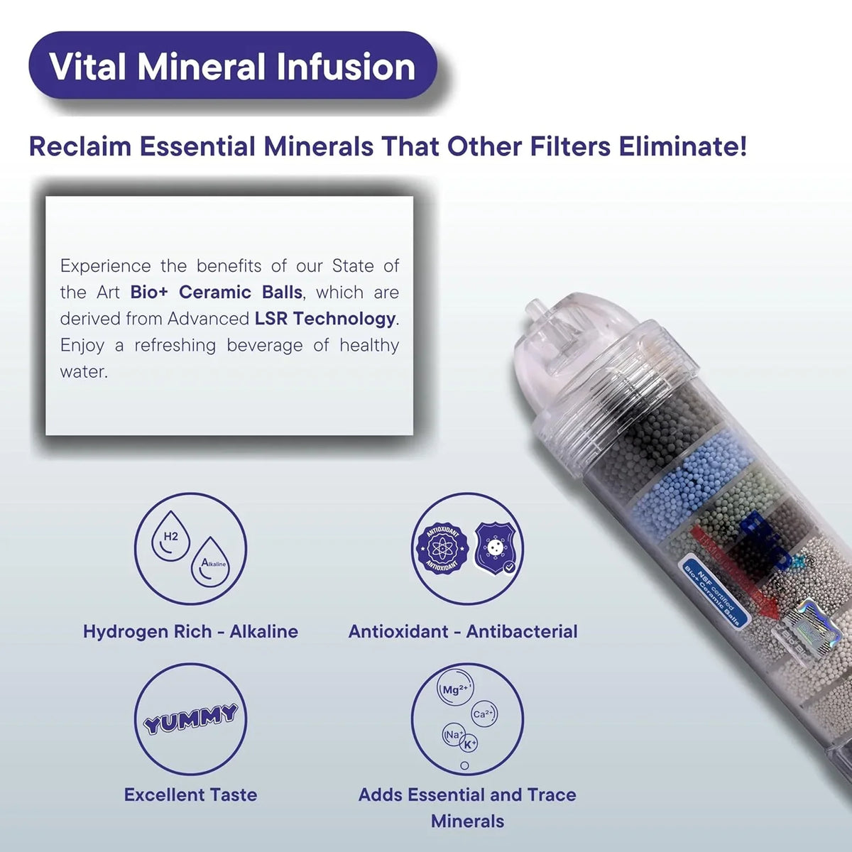 The Source mineraalfilter infographic: Bio+ keramische korrels voegen mineralen toe en verbeteren de smaak | PureAqua