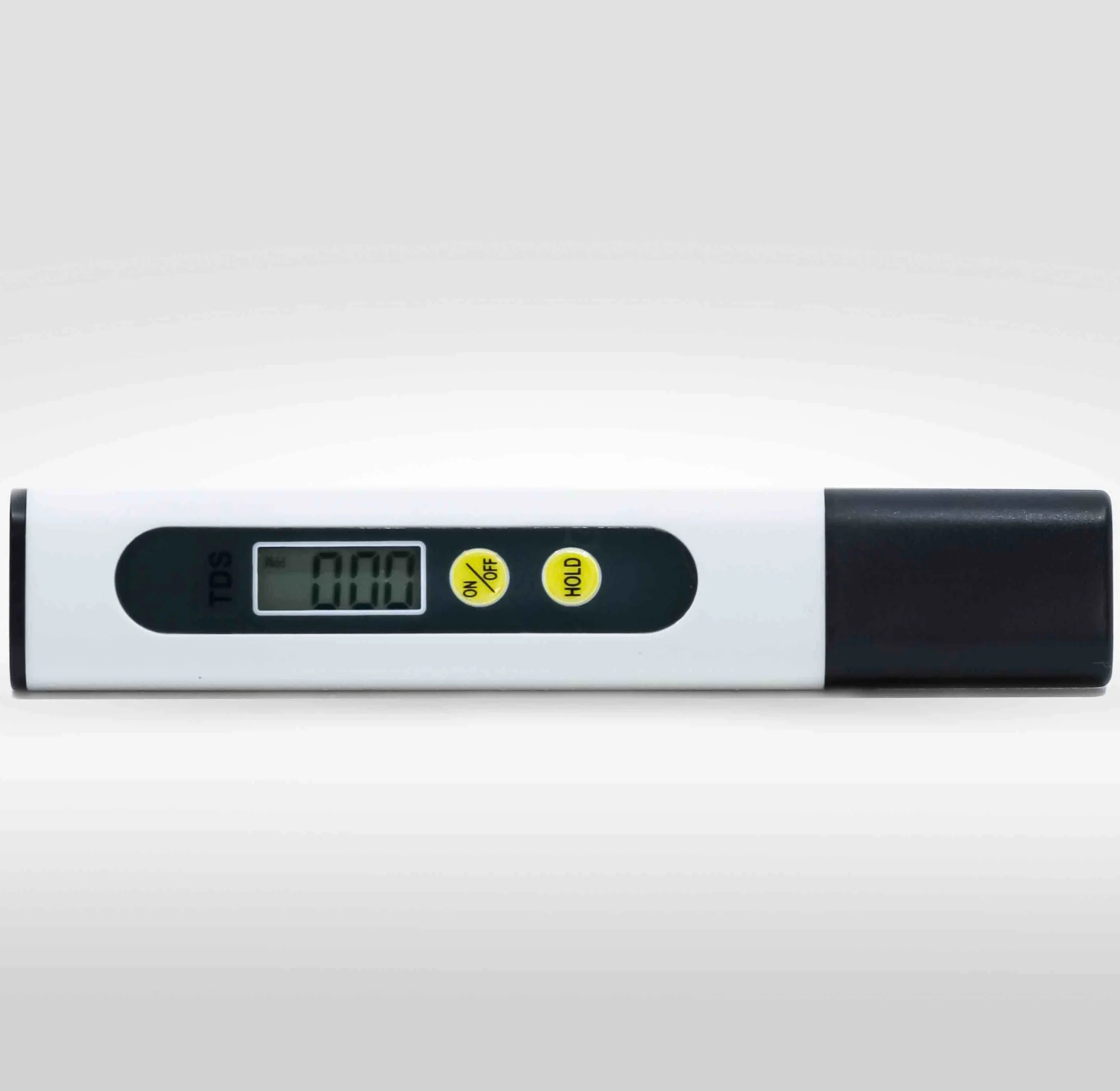 Witte TDS meter liggend met digitaal display en gele ON/OFF- en HOLD-knoppen | PureAqua