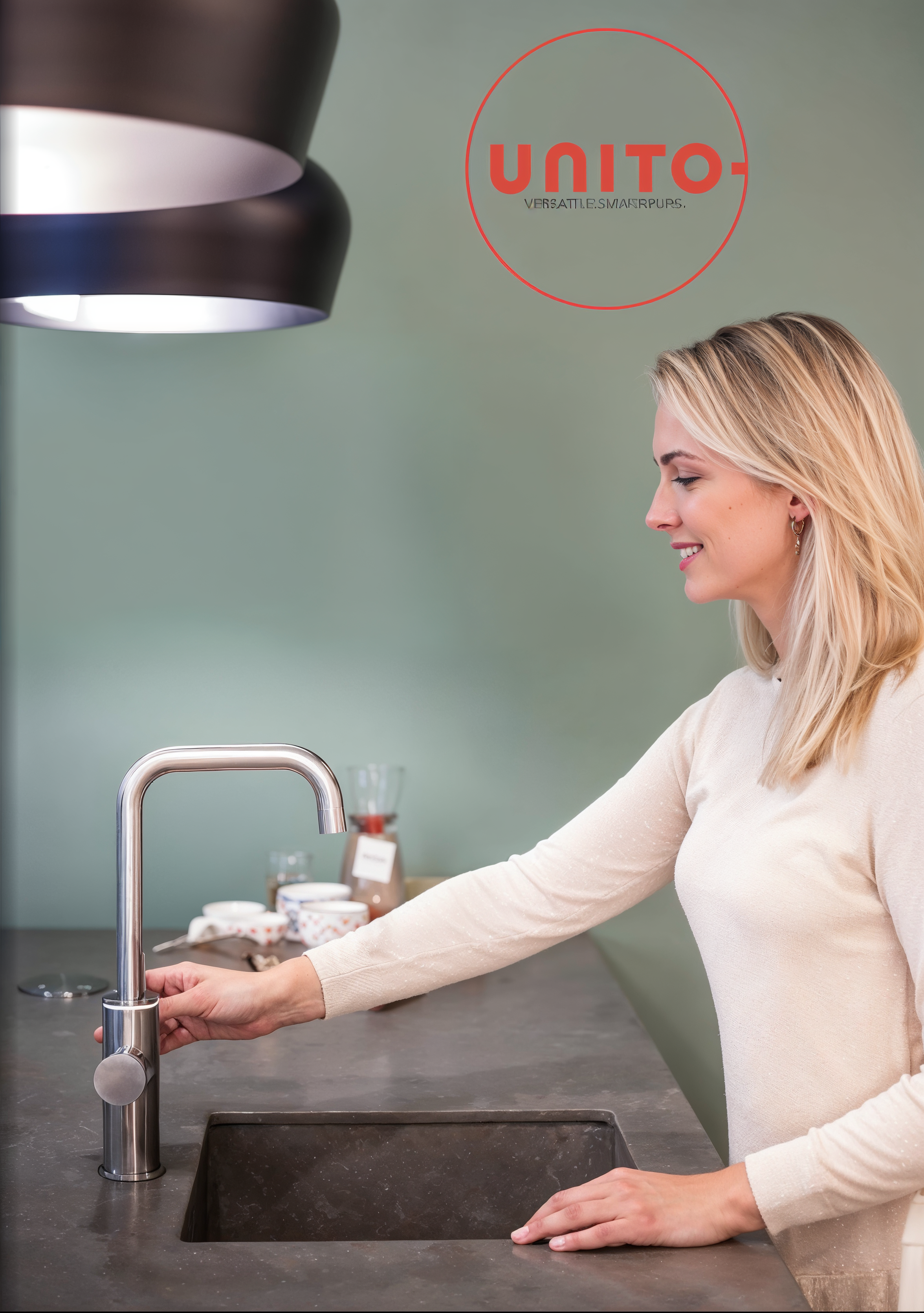 Vrouw gebruikt een UNITO kokendwaterkraan in moderne keuken – stijlvol design met slimme bediening.