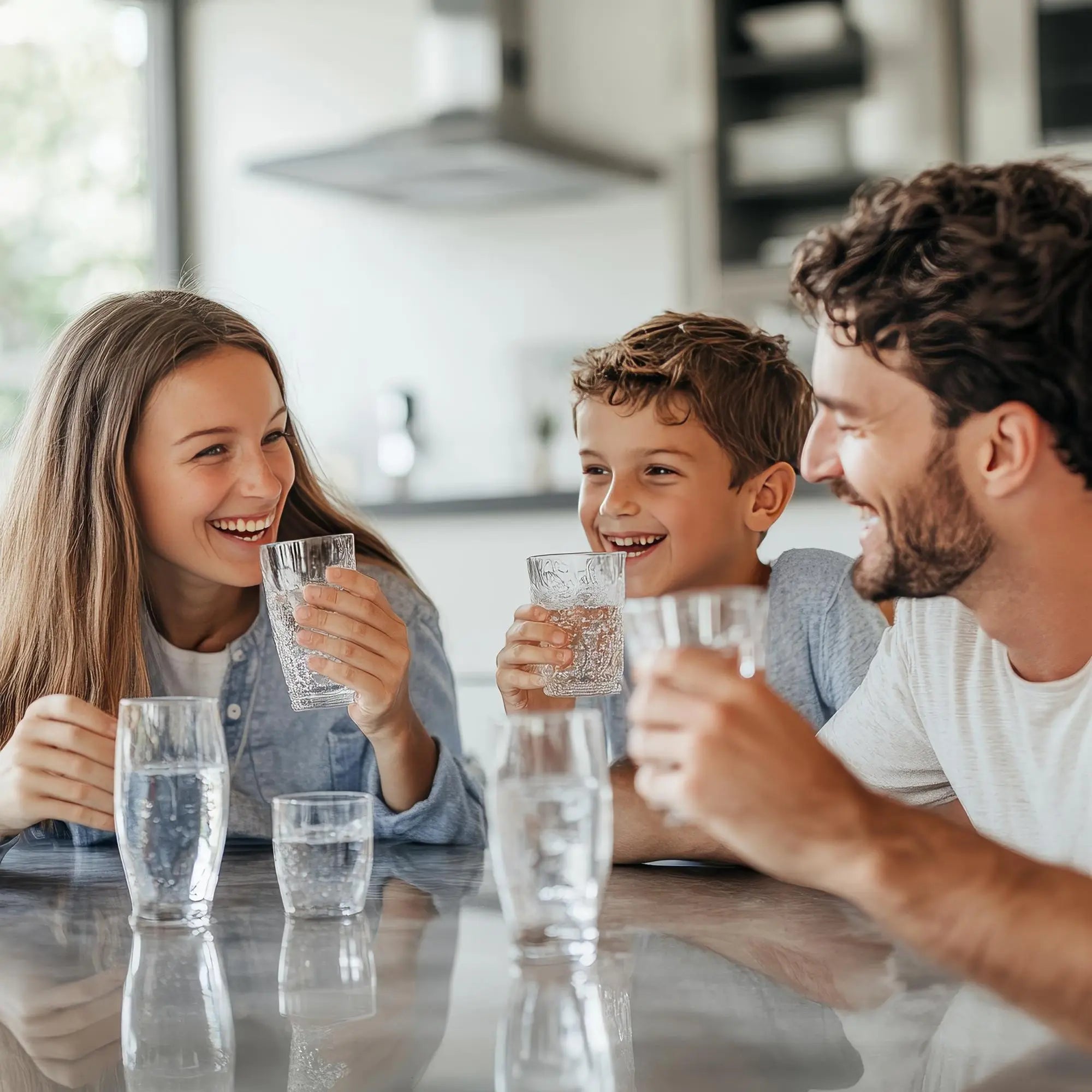 Gezin aan tafel drinkt helder kraanwater thuis, dankzij een zuiverwatersysteem.