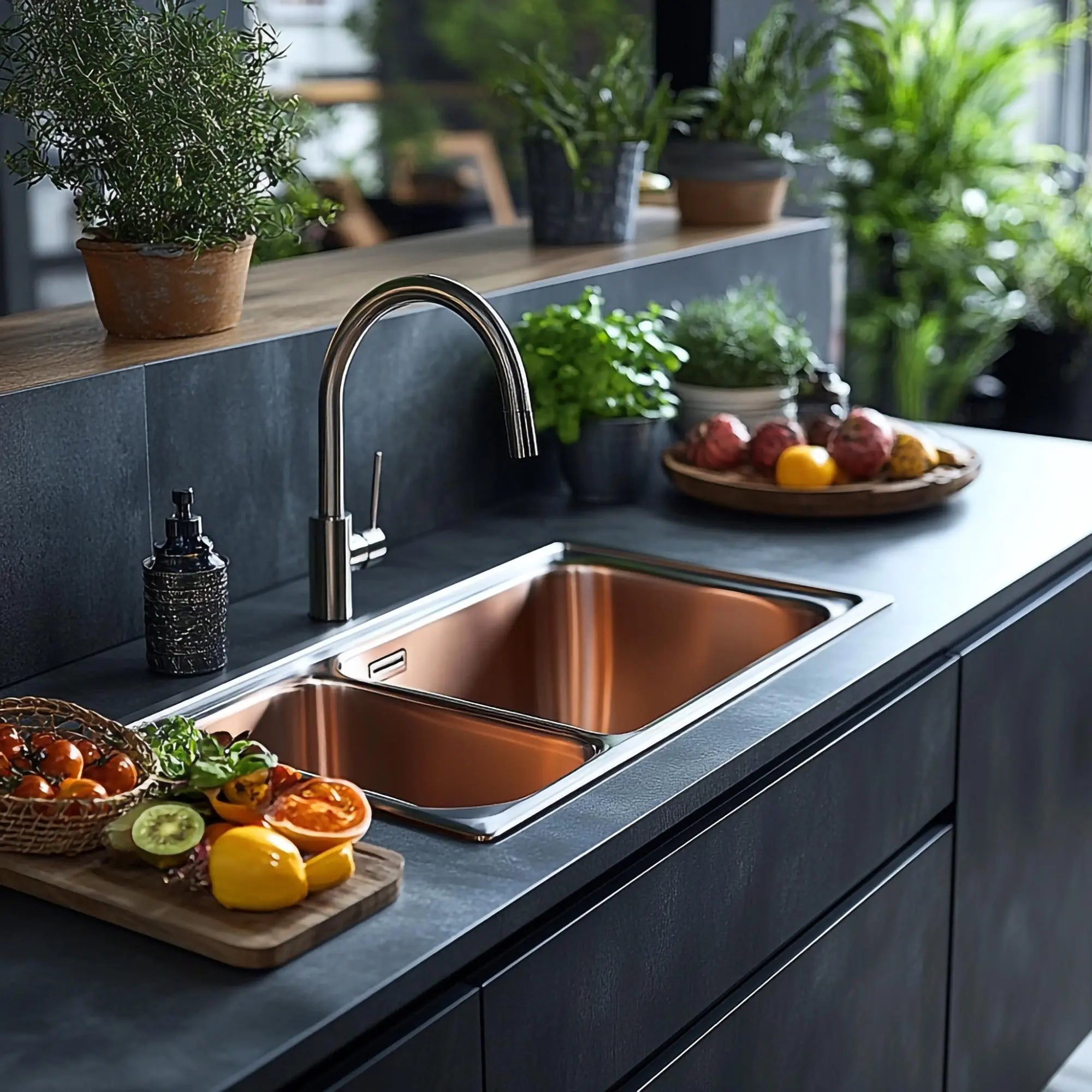 Moderne keuken met RVS kraan boven spoelbak, ideaal voor installatie van een kraanwater filter systeem van PureAqua.