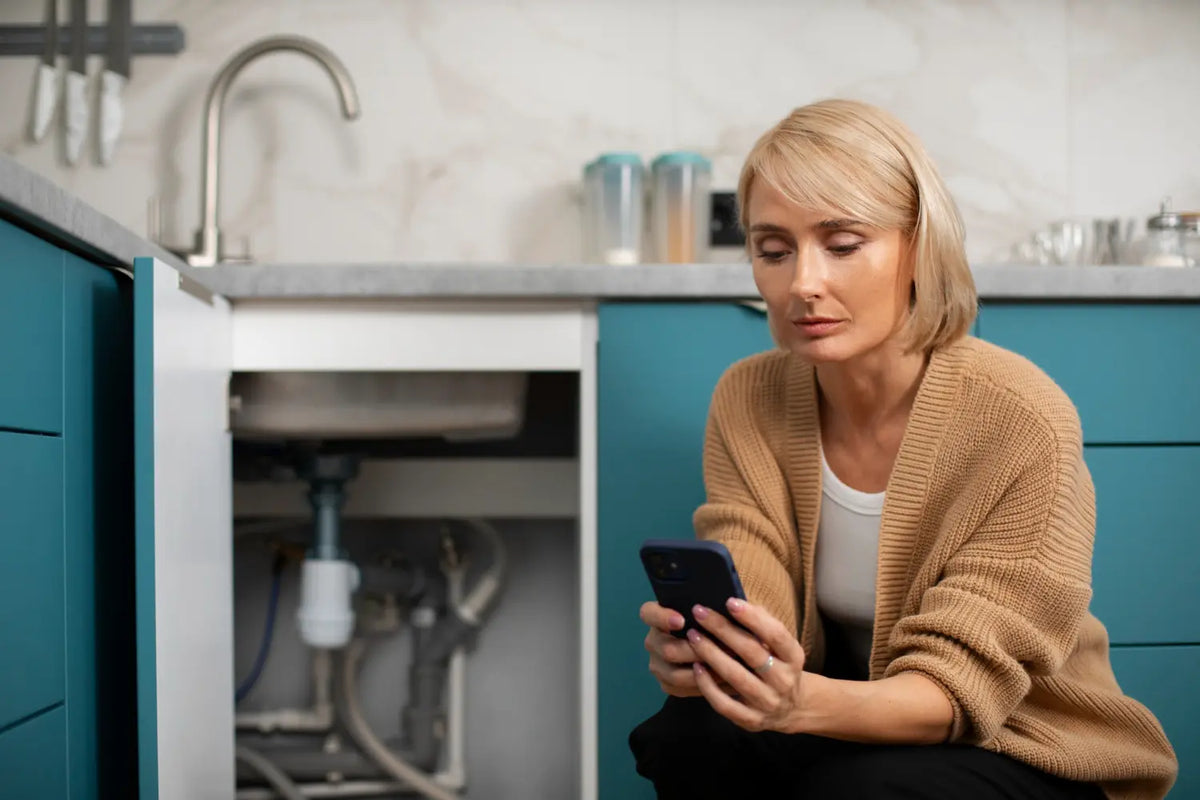 Vrouw bij de open keukenkast oriënteert zich op een waterfilter op kraan van PureAqua onder het aanrecht