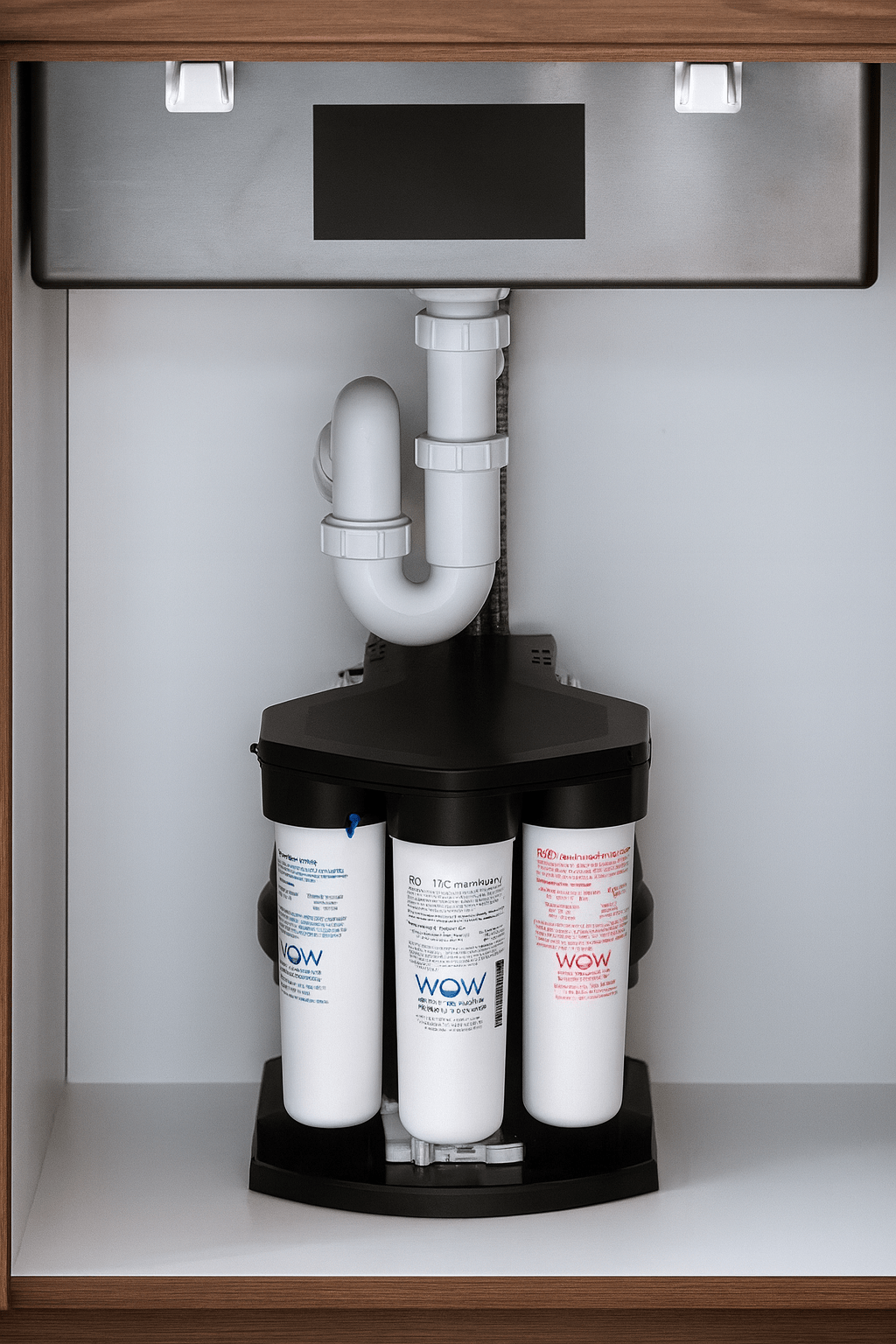 The Source RO-filtersysteem weggewerkt onder het aanrecht in de keukenkast – PureAqua