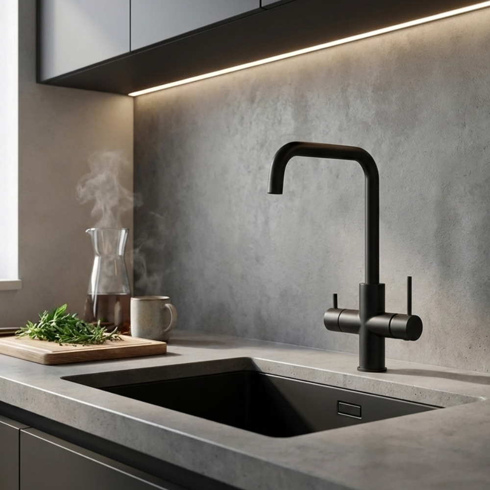 Zwarte zuiver water kraan in een moderne keuken – PureAqua
