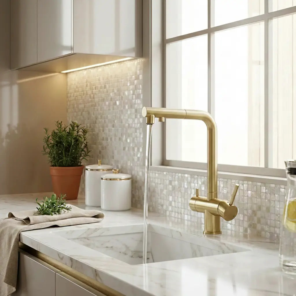 The Essence zuiver water kraan (goud) uit het waterfilter abonnement van PureAqua