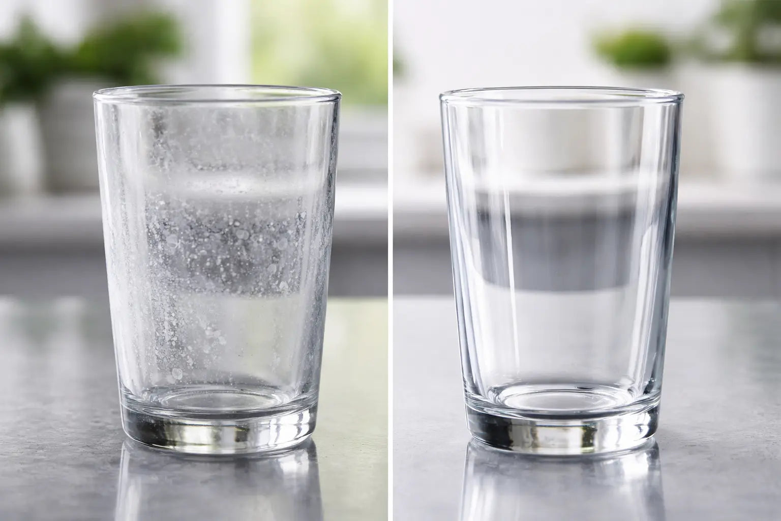Vergelijking van een glas met kalkaanslag en een glas met kalkvrij water dankzij de Aquacell waterontharder