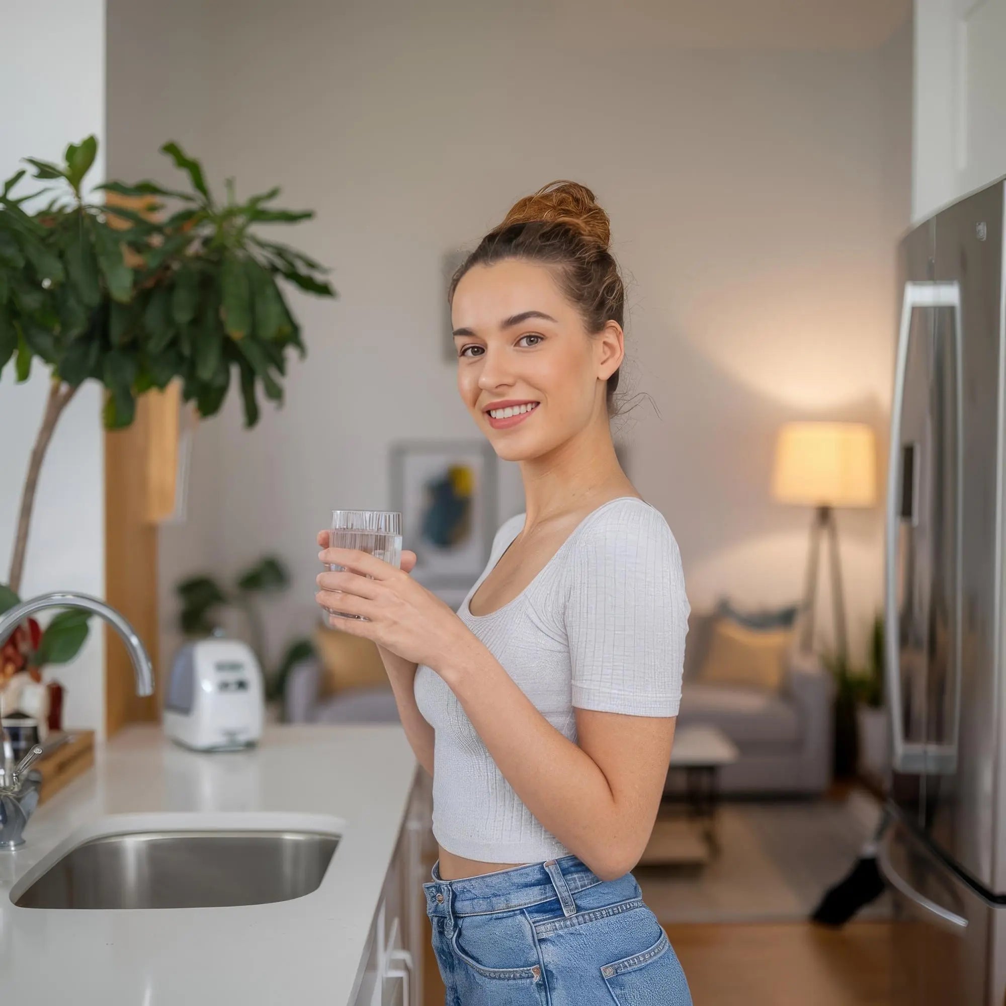 Vrouw drinkt gefilterd kraanwater thuis en bespaart met een waterfiltersysteem