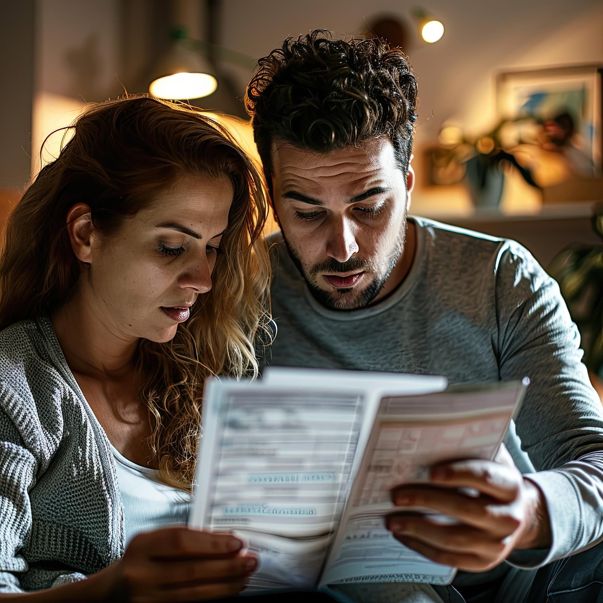 Man en vrouw lezen samen een noodfolder thuis – symbool voor voorbereiding op noodsituaties en het belang van schoon drinkwater voor gezinnen.