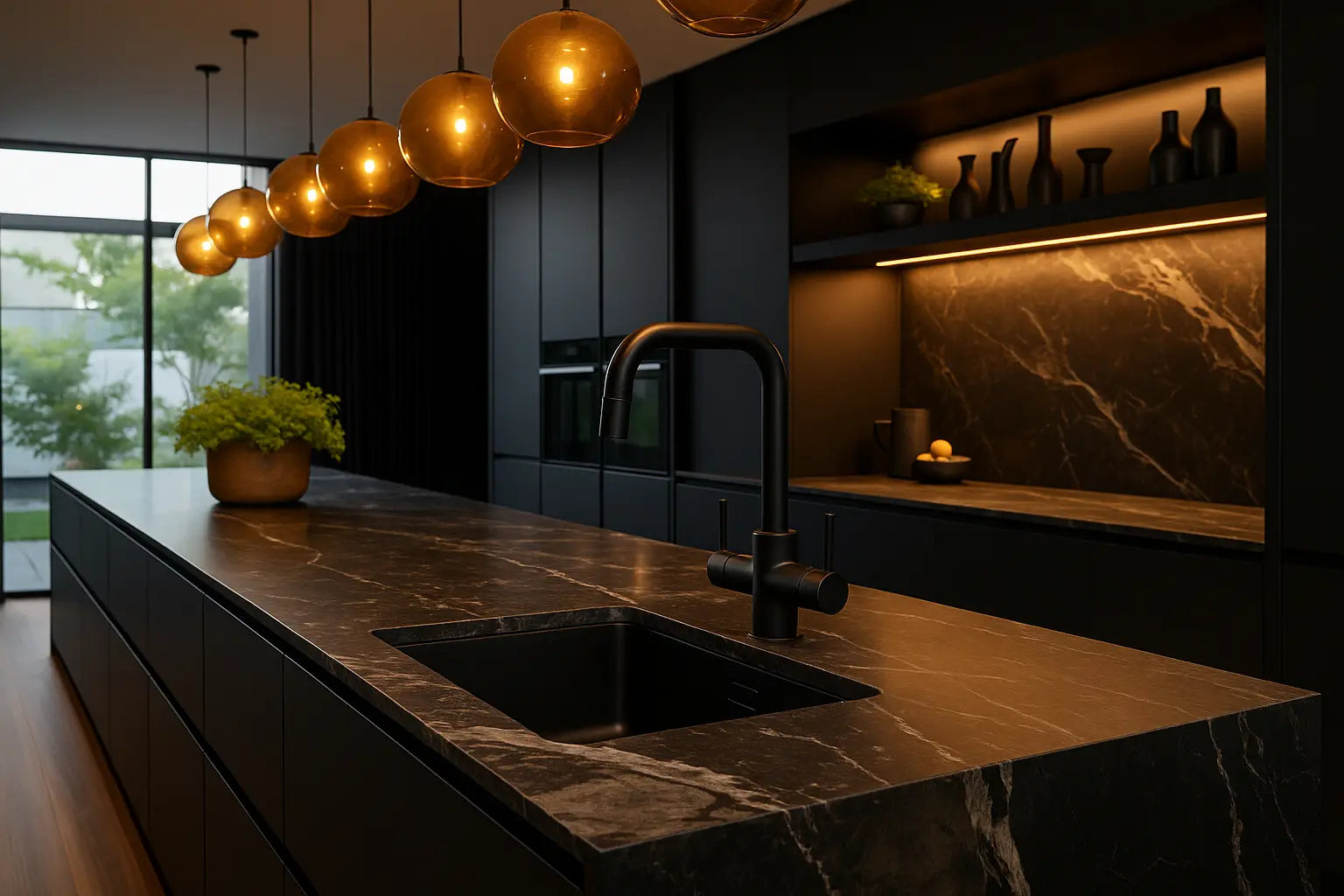 Modern keukenontwerp met zwarte zuiverwaterkraan aangesloten op waterfiltersysteem voor thuisgebruik.