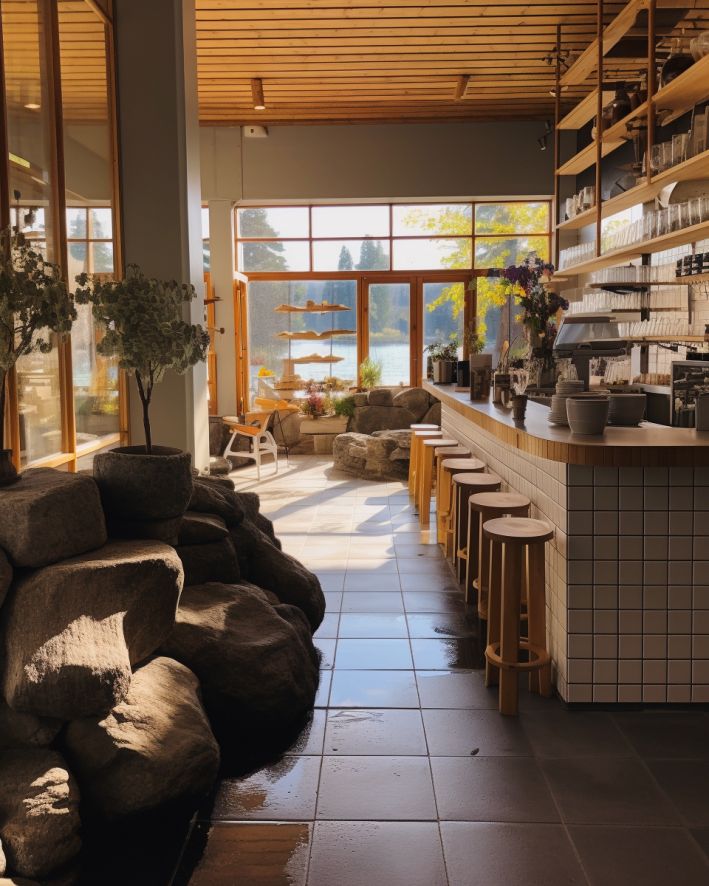 Bright restaurant interior with a wooden bar and seating