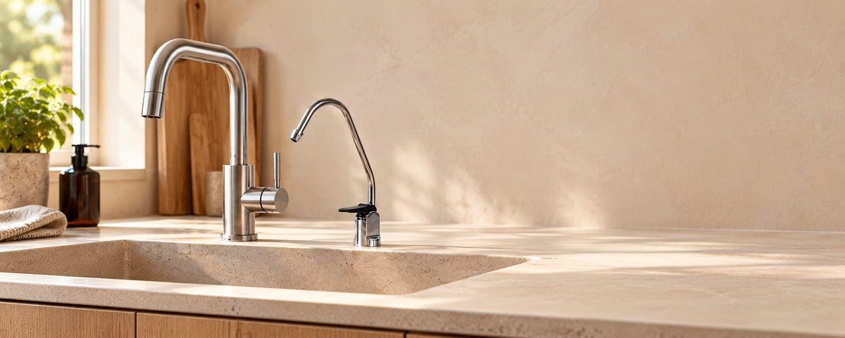 Illustrative kitchen scene with a separate AquaPure drinking-water tap alongside an existing kitchen tap