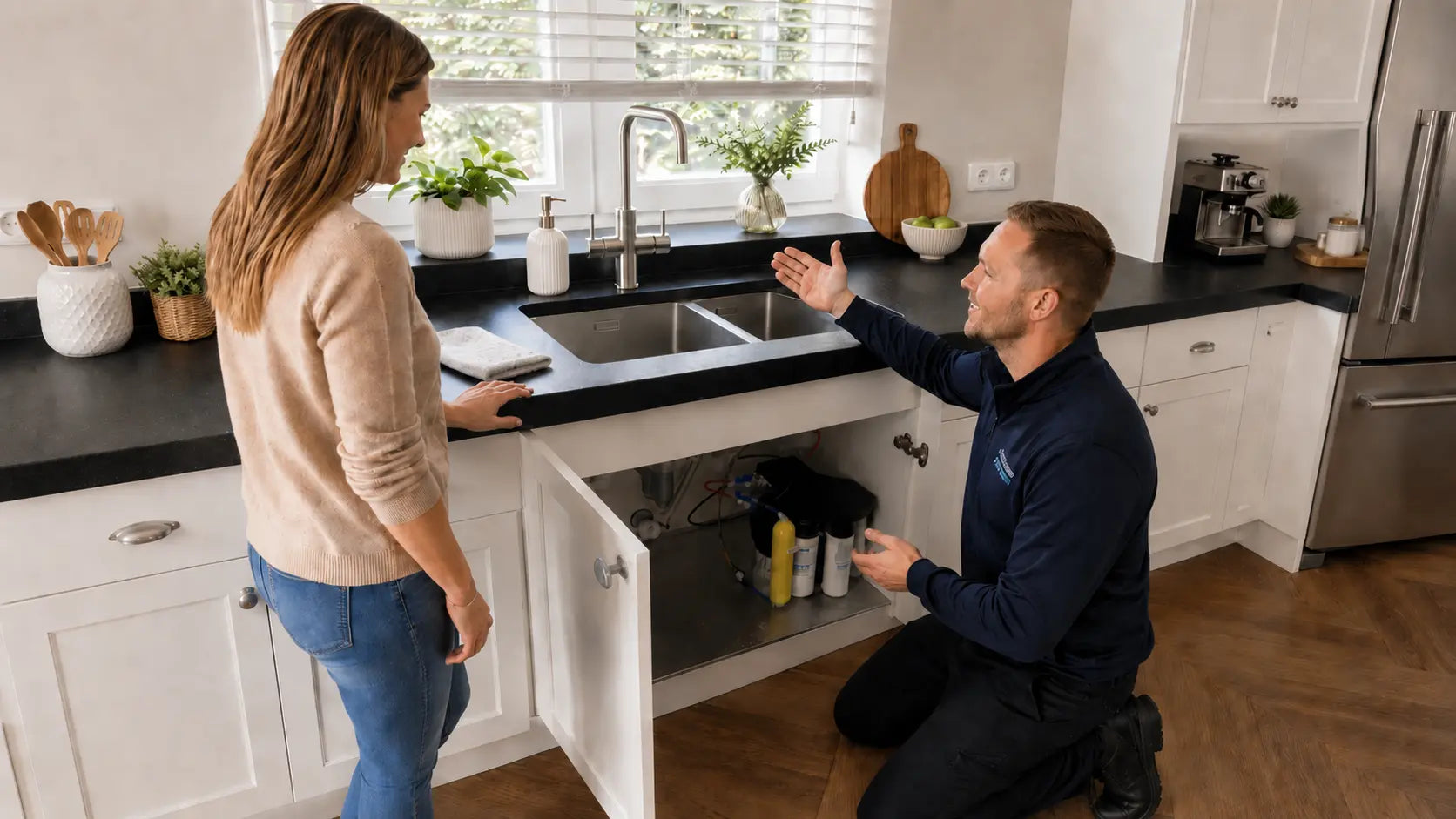 PureAqua-specialist adviseert een klant over een zuiver water kraan en het filtersysteem onder het aanrecht