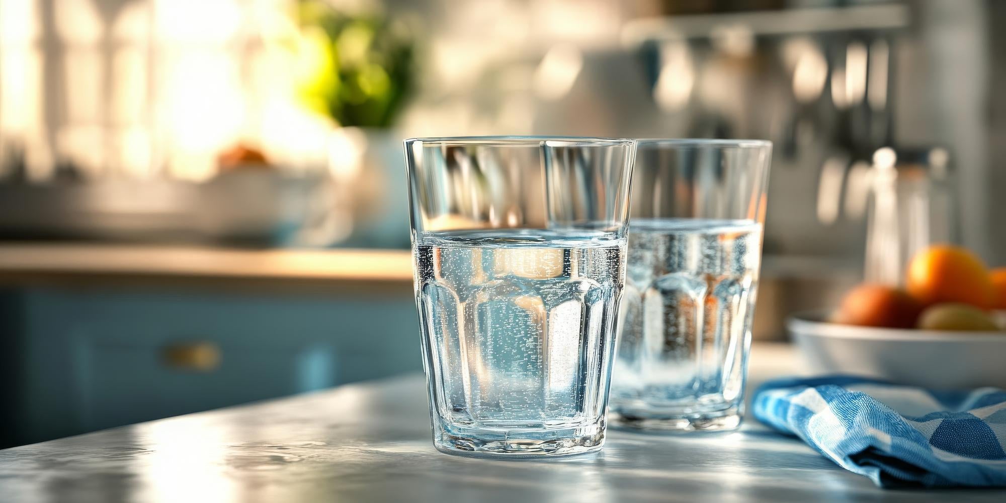 Twee glazen gevuld met schoon water op een keukentafel – symbool voor veilig drinkwater thuis dankzij een waterfiltersysteem, ook in noodsituaties.