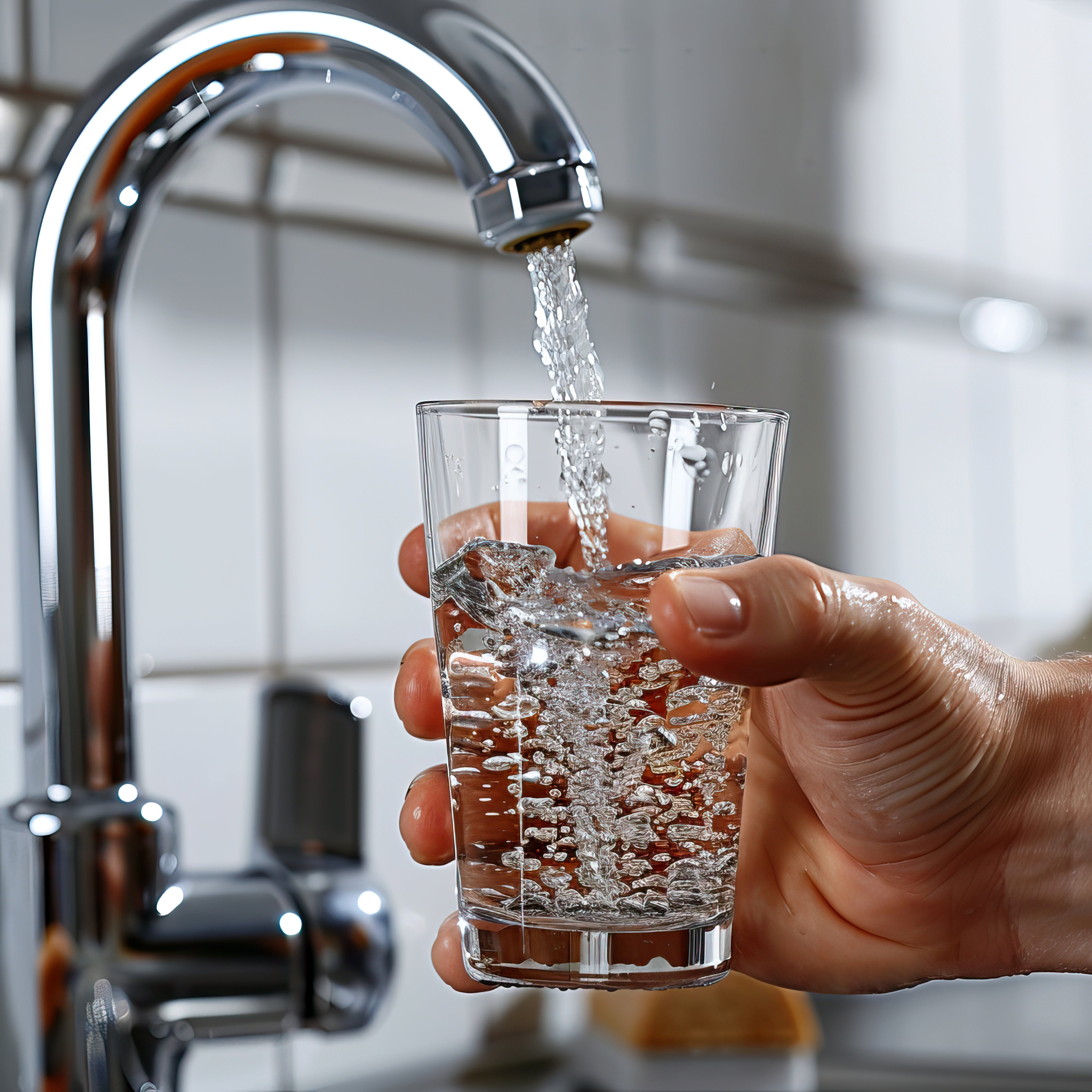 Glas wordt gevuld met helder water uit de keukenkraan, illustratie van schoon en veilig drinkwater thuis dankzij een waterfiltersysteem.