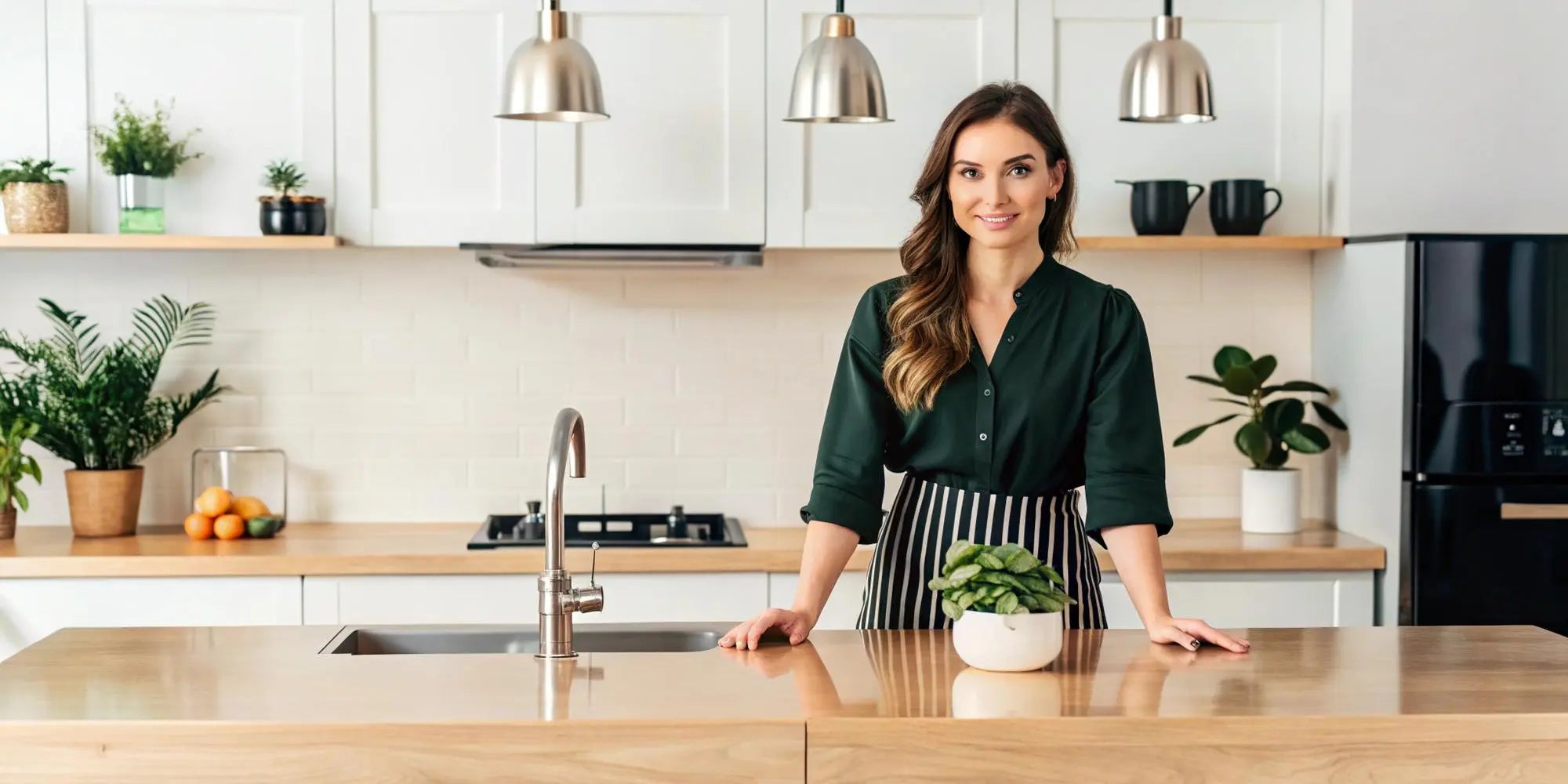Vrouw in moderne keuken met stijlvolle zuiverwaterkraan, ideale oplossing voor schoon drinkwater thuis.