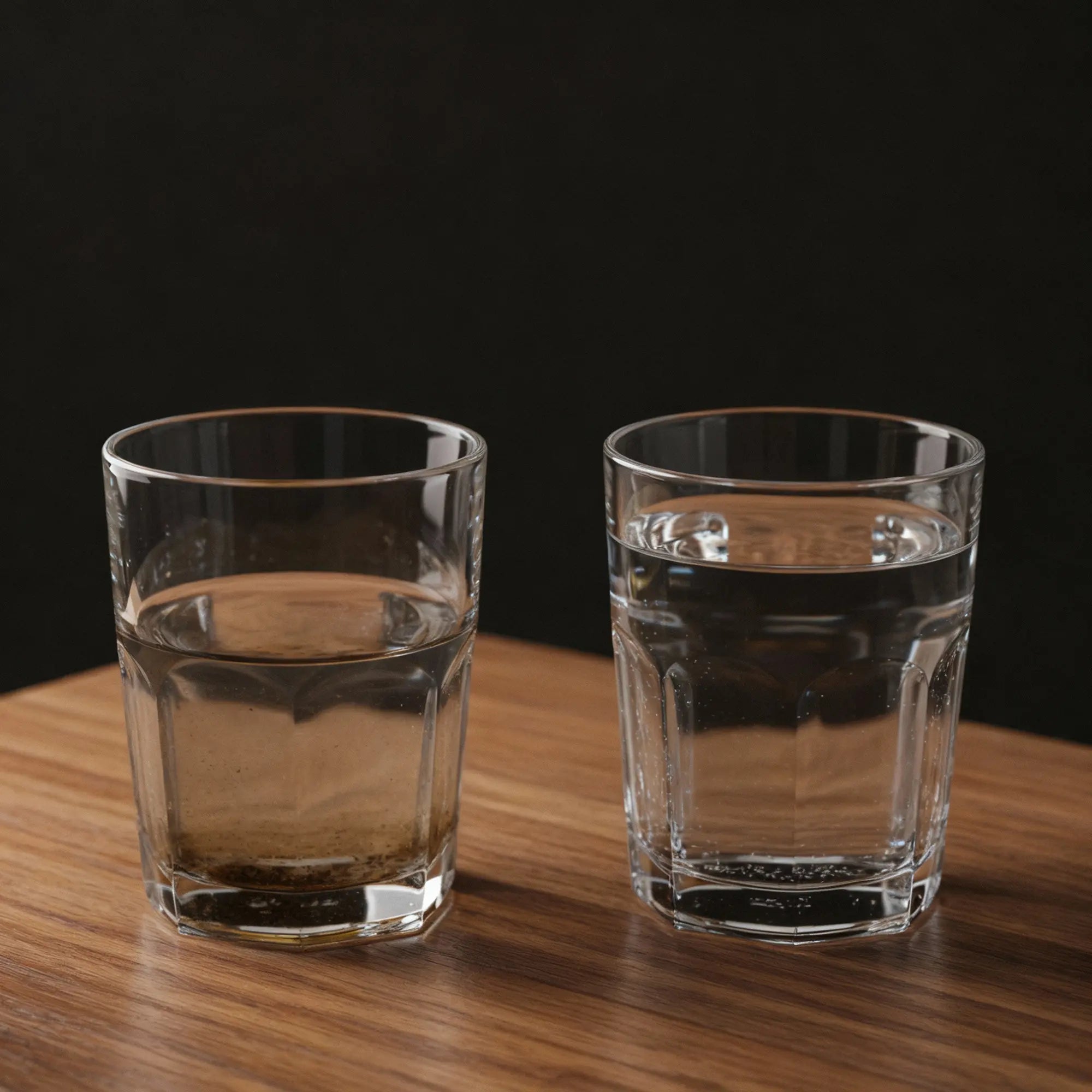 Vergelijking van een glas met vervuild kraanwater en een glas met helder gefilterd water als resultaat van een waterfiltersysteem voor thuis