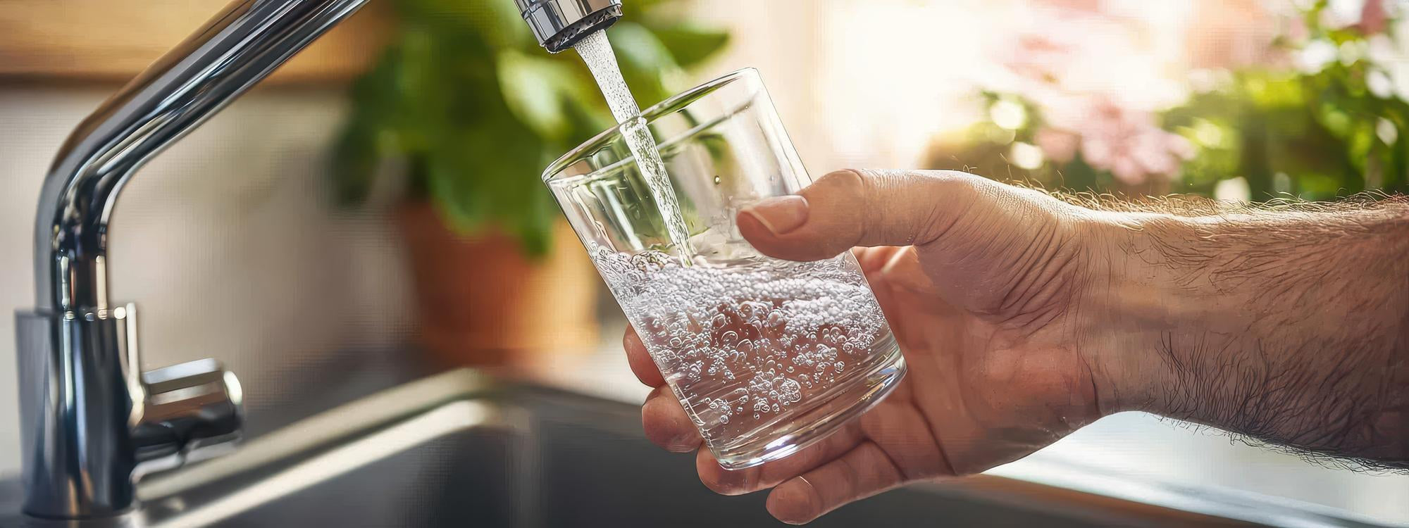Hand vult glas met schoon drinkwater uit een keukenkraan – symbool voor veilig drinkwater thuis dankzij een waterfiltersysteem voor noodsituaties.