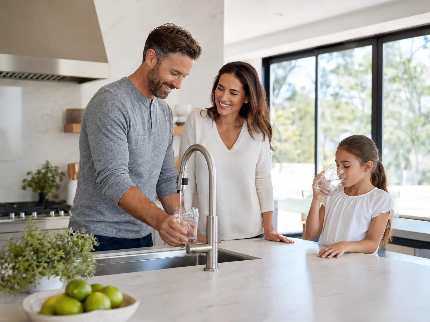 Gezin tapt zuiver drinkwater uit de kraan dankzij een waterfilter voor thuis van PureAqua met omgekeerde osmos
