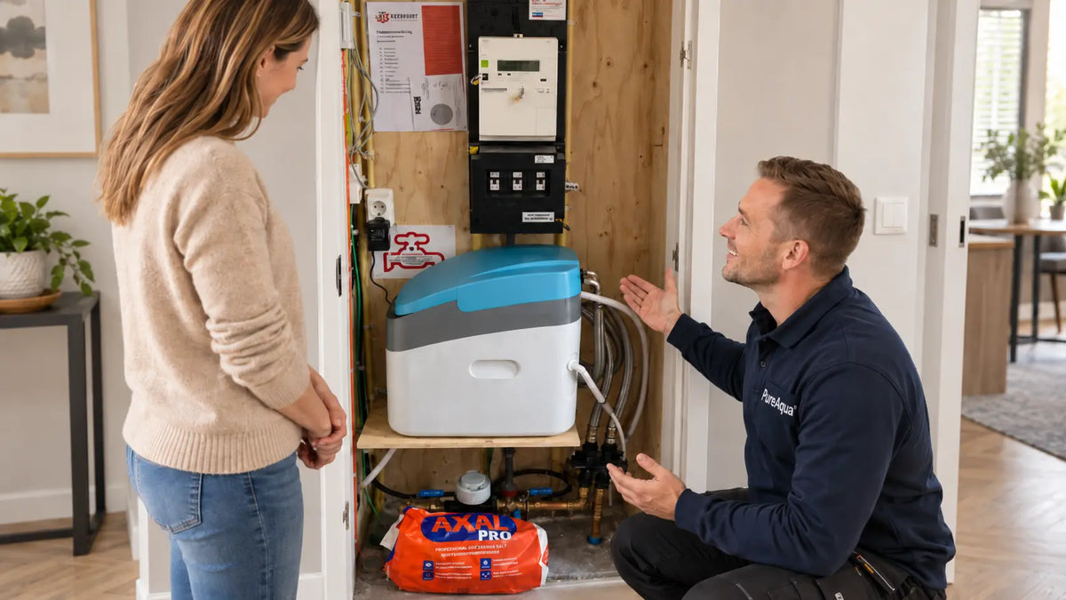PureAqua-specialist installeert een waterontharder in de meterkast en legt de klant uit hoe werkt een waterontharder